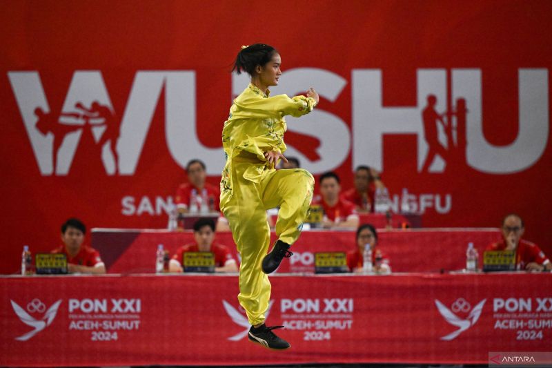 Atlet wushu Jateng Alexandra Calista beraksi pada final wushu Taoulu Taijiquan putri PON XXI Aceh-Sumut 2024 di Gedung Serbaguna Dinas Pemuda dan Olahraga Sumatera Utara (Disporasu), Deli Serdang, Sumatera Utara, Kamis (12/9/2024). ANTARA FOTO/Fauzan/rwa.