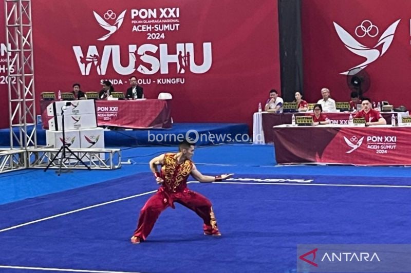 Atlet Sumatera Utara Harris Horatius tampil dalam nomor taolu nanquan putra cabang olahraga wushu pada Pekan Olahraga Nasional (PON) XXI Aceh-Sumut di GOR Disporasu, Deli Serdang, Sumatera Utara, Kamis (12/9/2024) (ANTARA/Fathur Rochman)