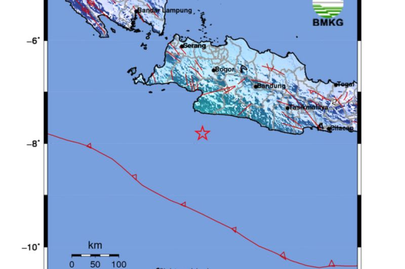 Lokasi gempa bumi M5,3 yang berpusat di Kabupaten Sukabumi, Jabar pada Minggu (15/9/2024). ANTARA/HO/BMKG