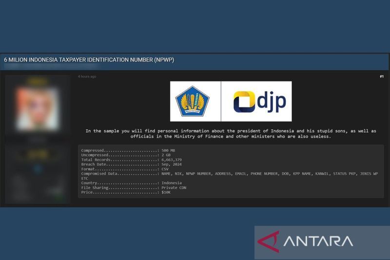 Ilustrasi dugaan kebocoran data Direktorat Jenderal Pajak (DJP) Kementerian Keuangan oleh Bjorka. ANTARA/HO-CISSReC