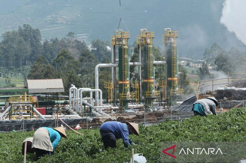 Petani beraktivitas di sekitar sumur produksi Pembangkit Listrik Tenaga Panas Bumi (PLTP) PT Geo Dipa Energi di kawasan dataran tinggi Dieng Desa Kepakisan, Batur, Banjarnegara, Jawa Tengah, Selasa (6/9/2022). Proyek PLTP Dieng 2 berkapasitas 55 MW merupakan salah satu Proyek Strategis Nasional (PSN) dan masuk dalam Fast Track Program (FTP) tahap II 10.000 MW dari program 35.000 MW pada sektor pembangunan infrastruktur ketenagalistrikan pemerintah. ANTARA FOTO/Anis Efizudin/aww.