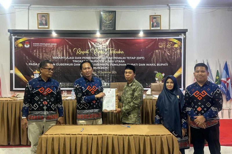 KPU Luwu Utara menggelar rapat pleno penetapan daftar pemilih tetap (DPT) Luwu Utara untuk Pilkada Serentak 2024, Sabtu (21/9/2024). ANTARA/HO/Bawaslu Lutra