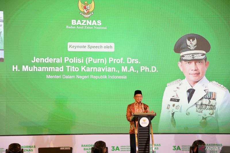 Menteri Dalam Negeri Tito Karnavian pada Rapat Koordinasi Nasional (Rakornas) Badan Amil Zakat Nasional (Baznas) 2024 yang digelar secara hybrid dari Balikpapan, Kalimantan Timur, Rabu (25/9/2024). ANTARA/HO-Puspen Kemendagri