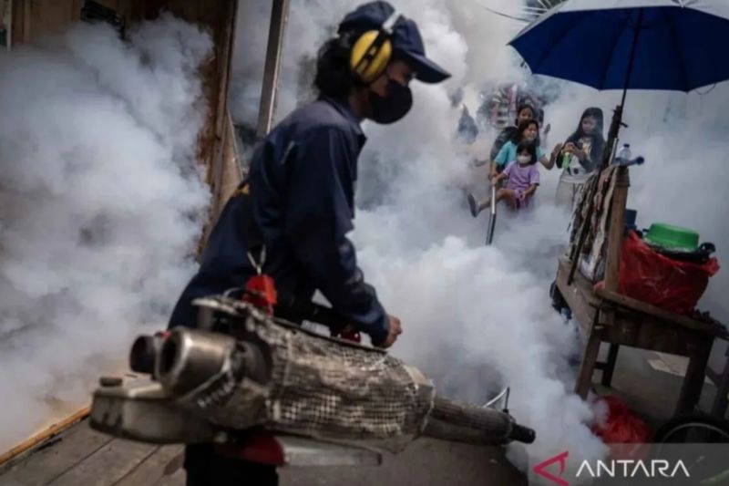 Seorang petugas melakukan pengasapan di kawasan permukiman Kelurahan Grogol, Jakarta, Kamis (2/5/2024). Pengasapan tersebut untuk memberantas nyamuk aedes aegypti dalam upaya mencegah DBD di Jakarta. ANTARA FOTO/Bayu Pratama S