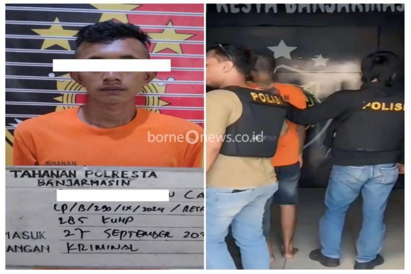 Anggota Polresta Banjarmasin meringkus tersangka AD terkait dugaan rudapaksa dengan modus menaguh utang di Banjarmasin, Kalimantan Selatan, Kamis (26/9/2024). (ANTARA/HO-Satreskrim Polresta Banjarmasin)