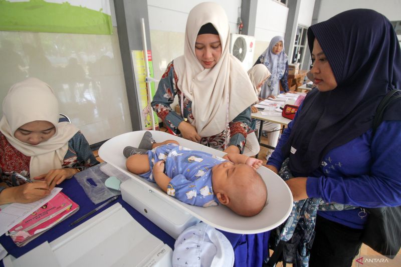 Integrated health service (posyandu) workers weigh toddlers in Sidoarjo, East Java, on September 19, 2024. ANTARA FOTO/Umarul Faruq/YU