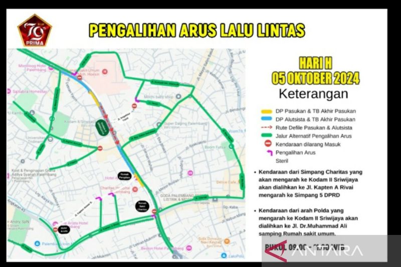 Petunjuk rute jalan sekitar Kodam Sriwijaya Palembang ketika dilakukan penutupan menjelang dan saat HUT TNI. ANTARA/Yudi Abdullah/24