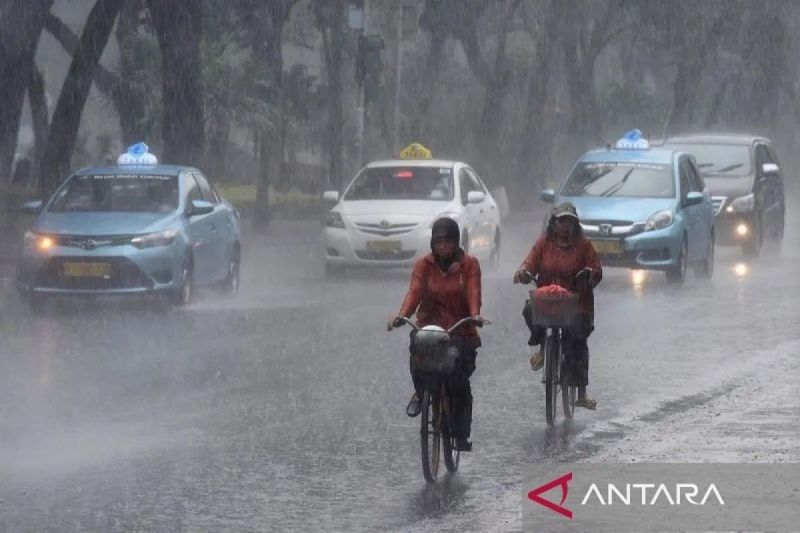 Ilustrasi - Dua orang pesepeda menembus hujan lebat (ANTARA FOTO/Wahyu Putro)