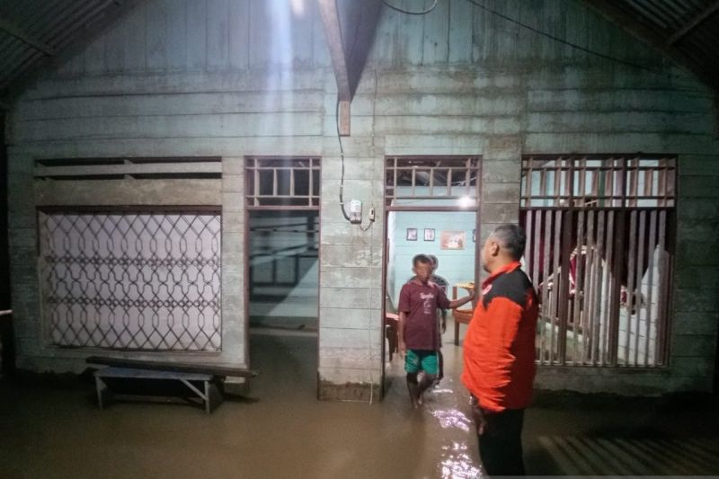 Petugas Badan Penanggulangan Bencana Daerah (BPBD) saat mengecek kondisi warga yang rumahnya tergenang banjir di Desa Pitago Halmahera Utara Maluku Utara, Sabtu (5/10/2024). ANTARA/HO-BNPB.