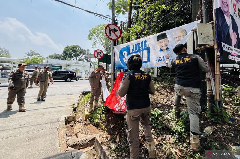 Penertiban alat peraga kampanye di jalur sistem satu arah Kota Bogor, Selasa (8/10/2024). ANTARA/Shabrina Zakaria.