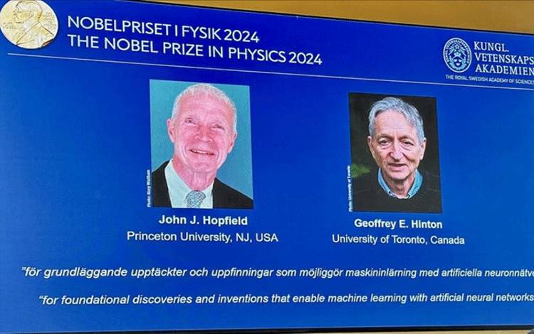 Hadiah Nobel Fisika tahun ini dianugerahkan kepada fisikawan John J. Hopfield dan ahli komputer Geoffrey E. Hinton atas jasanya mengembangkan metode pemelajaran mesin (machine learning) yang kini menjadi fondasi teknologi kecerdasan buatan (AI). (Anadolu)