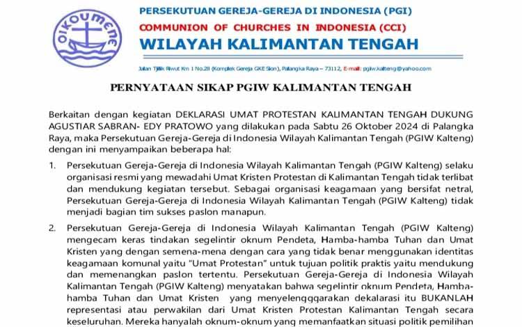 PGIW Kalteng Keluarkan Pernyataan Sikap Terkait Deklarasi Dukungan Politik