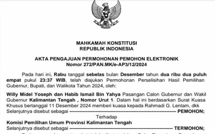 Willy-Habib Gugat KPU Kalteng ke Mahkamah Konstitusi