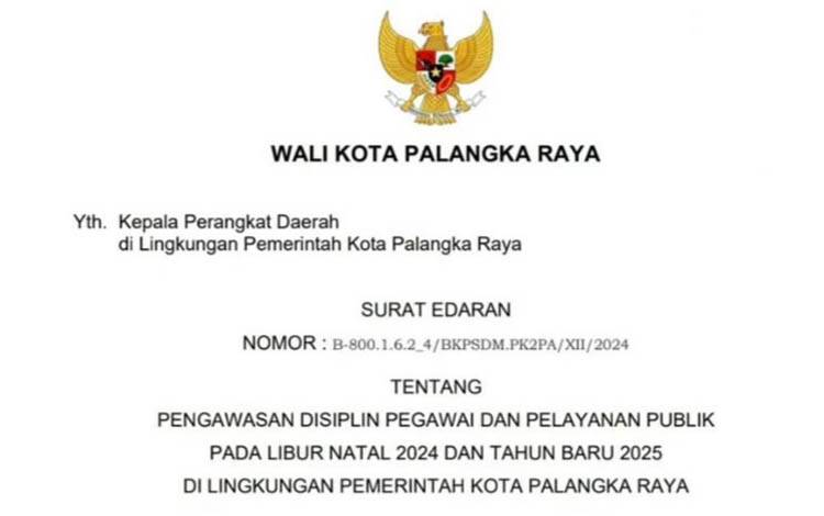 Pj Wali Kota Palangka Raya Terbitkan Edaran Disiplin Pegawai Selama Libur Nataru