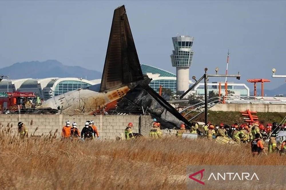 Petugas melakukan operasi penyelamatan setelah pesawat Jeju Air mengalami kecelakaan di luar landasan pacu Bandara Internasional Muan, Muan, Korea Selatan, Minggu (29/12/2024). ANTARA/Anadolu/as.