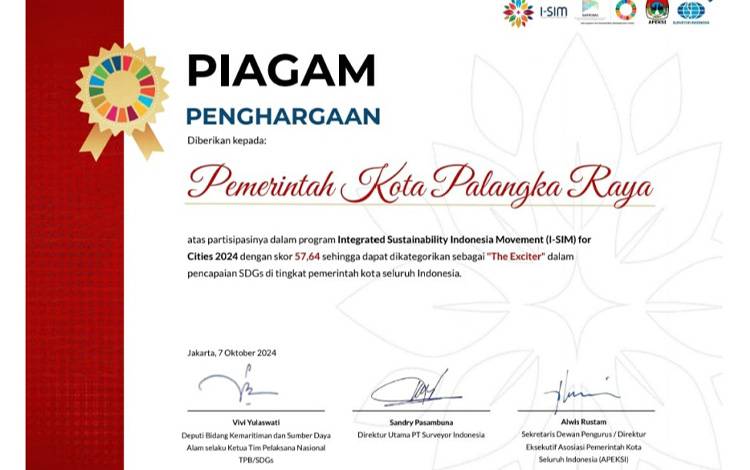 Palangka Raya Raih Predikat The Exciter dalam Pencapaian SDGs