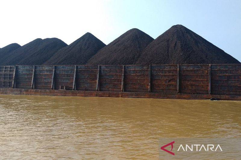 Batu bara di atas ponton di Sungai Mahakam, Samarinda, Kaltim. Batu bara merupakan komoditas andalan ekspor nonmigas bagi Kaltim. ANTARA/M Ghofar