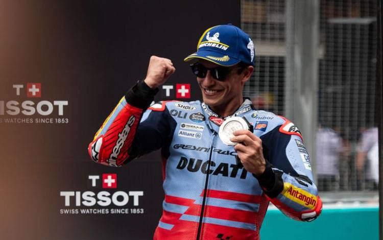 Ekspresi Marc Marquez sesuai meraih podium kedua pada sprint race MotoGP Malaysia 2024. (ANTARA/HO-Federal Oil)