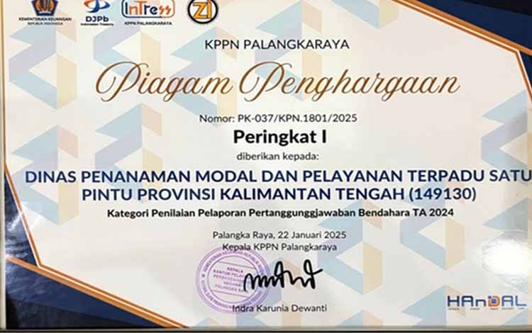 DPMPTSP Kalteng Raih Penghargaan Pengelolaan Keuangan