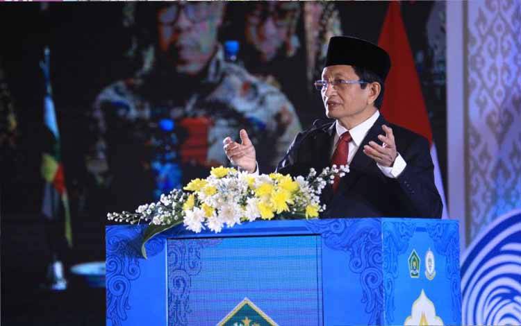 Menteri Agama Nasaruddin Umar saat membuka penyelenggaraan MTQ tingkat Internasional IV di Hotel Grand Sahid Jaya, Jakarta, Rabu (29/1/2025). (ANTARA/HO-Kemenag)