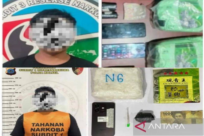 Dua tersangka pengedar narkoba jaringan lintas provinsi beserta total barang bukti tiga kilogram sabu-baru, di Mapolda Kalsel, Banjarmasin, Jumat (31/1/2025). ANTARA/Firman.