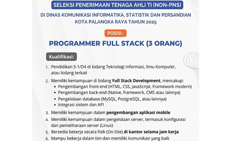 Informasi lowongan kerja di Diskominfo Kota Palangka Raya. (FOTO: HUMAS)