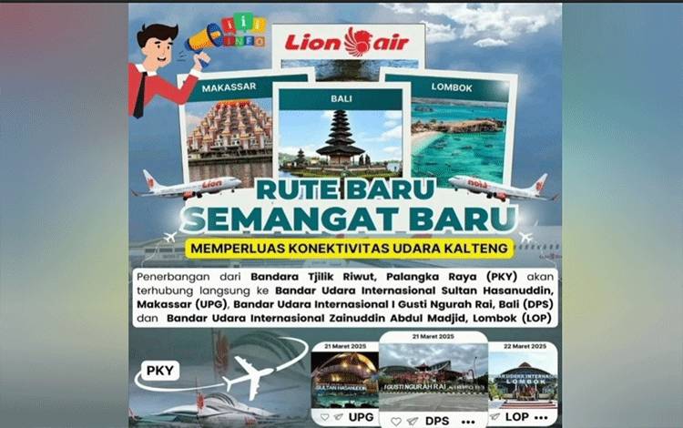 Lion Air Buka Tiga Rute Baru di Bandara Tjilik Riwut, Palangka Raya-Makassar, Bali, dan Lombok