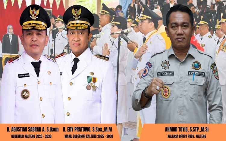 Kalaksa BPBD Provinsi Kalteng, Ahmad Toyib ucapkan selamat pada Gubernur Agustiar Sabran dan Wakil Gubernur, Edy Pratowo. (FOTO:BPBD KALTENG)