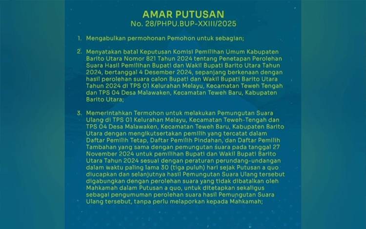 Putusan MK, PSU Dilakukan di Dua TPS Pilkada Barito Utara