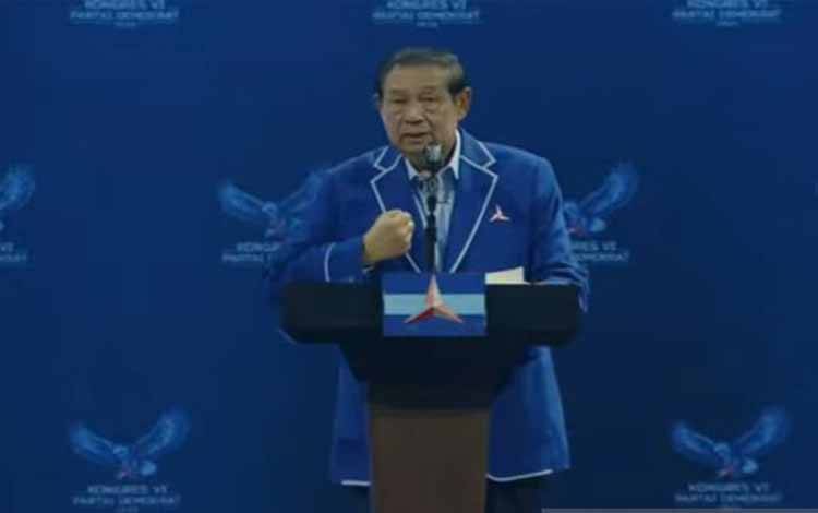 Ketua Majelis Tinggi Partai Demokrat sekaligus presiden ke-6 RI Susilo Bambang Yudhoyono (SBY) saat memberikan sambutan di Kongres VI di Jakarta, Senin (24/2/2025). ANTARA/HO-Tangkapan layar siaran langsung Kongres VI Demokrat di YouTube