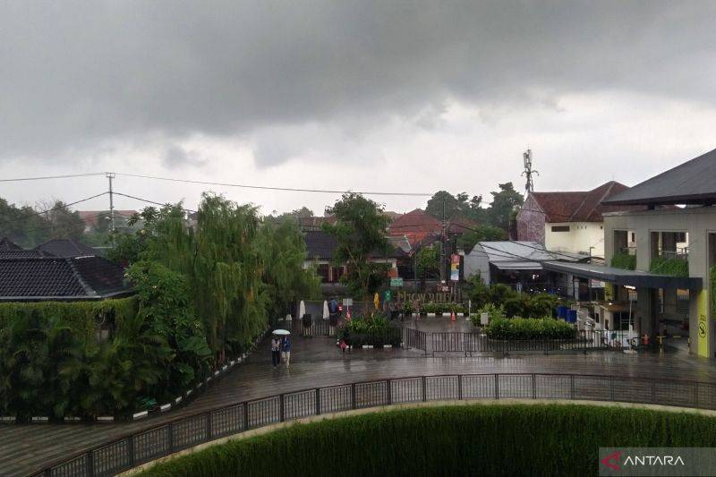Warga jalan kaki menggunakan payung saat hujan deras di Kota Denpasar, Bali, Sabtu (22/2/2025). (ANTARA/Dewa Ketut Sudiarta Wiguna)