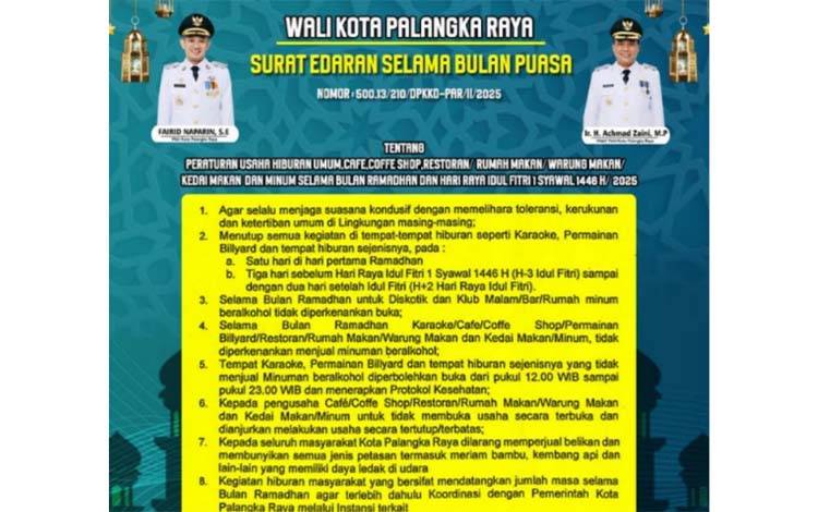 Pemko Palangka Raya Terbitkan Edaran Bagi Usaha Hiburan Selama Ramadan