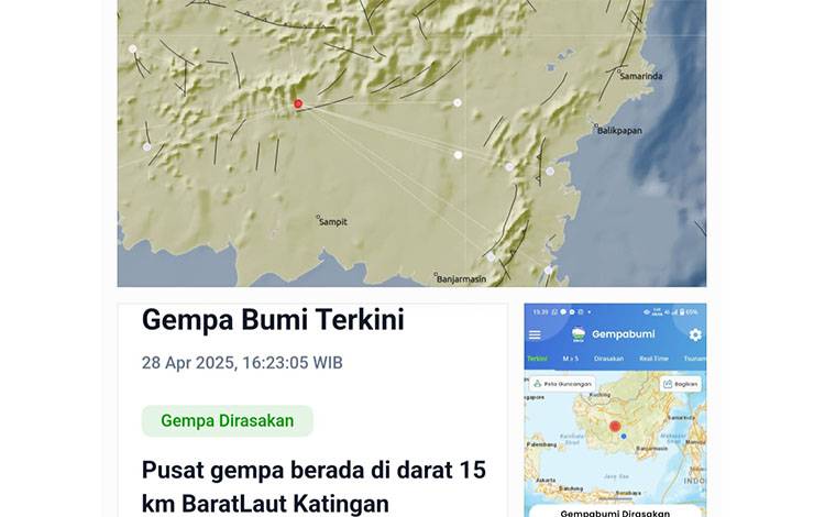 Wilayah Kabupaten Katingan diguncang gempa bumi tektonik, Senin sore, 28 April 2025.