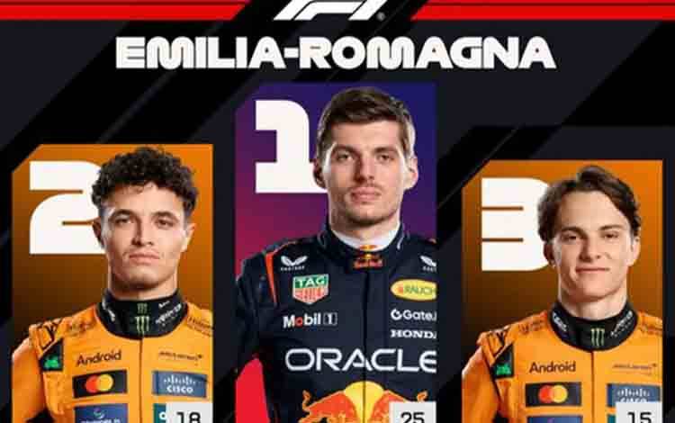 Pembalap McLaren Oscar Piastri finis pada posisi ketiga setelah Max Verstappen (Red Bull) dan Lando Norris (McLaren) di GP Emilia Romagna di Sirkuit Imola, Minggu. ANTARA/X/@F1 (@F1)