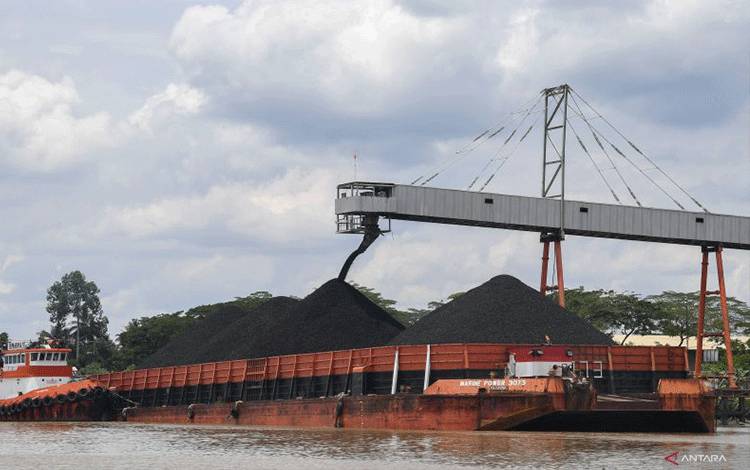 Petugas melakukan bongkar muat batu bara pada kapal tongkang di perairan Sungai Mahakam, Kutai Kartanegara, Kalimantan Timur, Minggu (29/9/2024). ANTARA FOTO/M Risyal Hidayat (ANTARA FOTO/M RISYAL HIDAYAT)