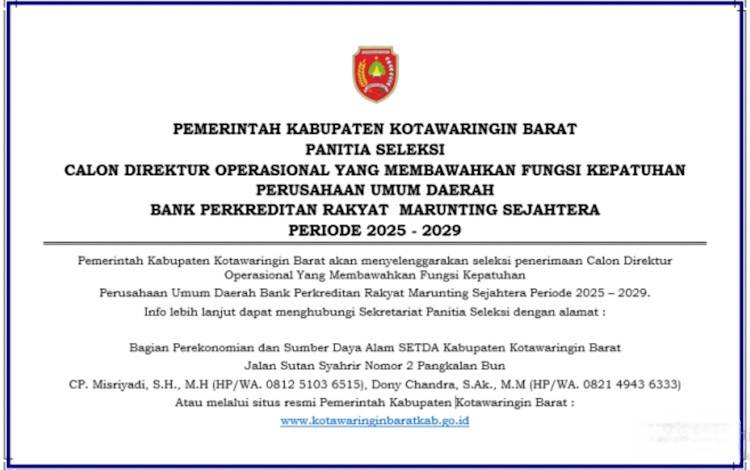 Pemkab Kobar Buka Pendaftaran Calon Direktur Operasional BPR Marunting Sejahtera