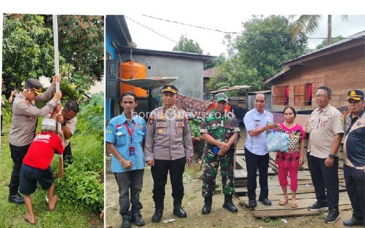 Karang Taruna Gunung Mas Bersama TNI, Polri dan Kepala Bandara Kuala Kurun Bagi-Bagi Tiang dan Bendera Merah Putih