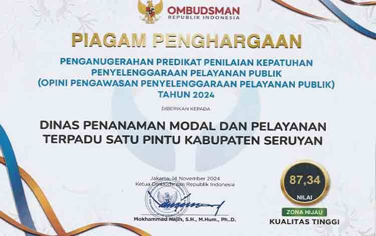DPMPTSP Seruyan Raih Penghargaan Pelayanan Publik dari Ombudsman RI