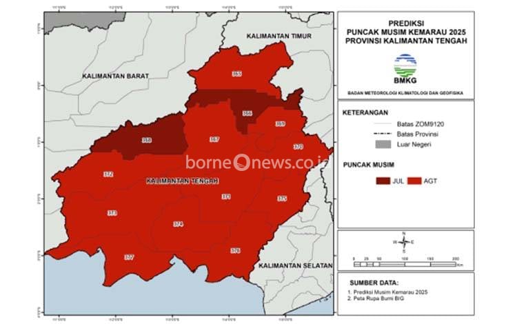 Peta prediksi puncak musim kemarau tahun 2025 di Kalimantan Tengah. (FOTO: BMKG)