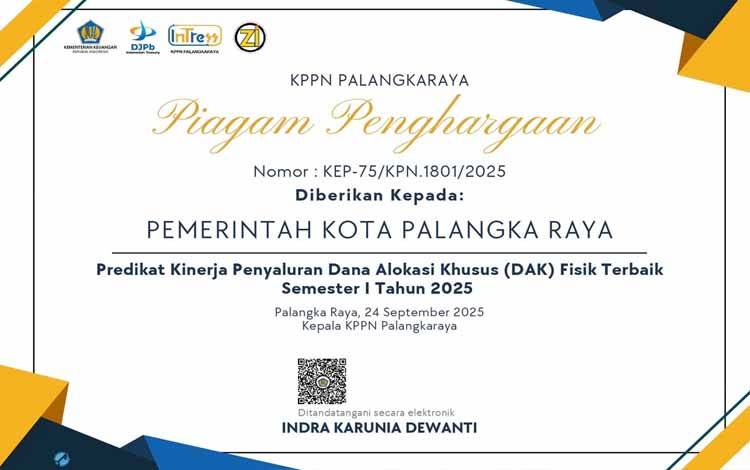 Palangka Raya Raih Penghargaan Kinerja Penyaluran DAK Fisik Terbaik Semester I 2025