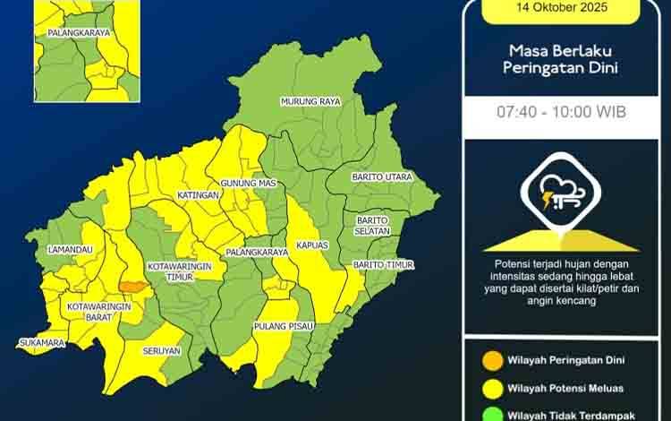 Waspada! Kalteng Berpotensi Hujan Lebat Disertai Petir dan Angin Kencang Hingga 20 Oktober