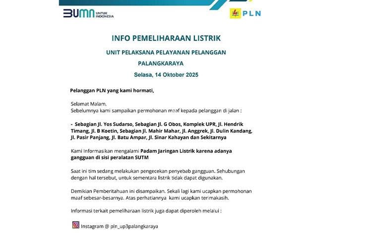 Gangguan Jaringan SUTM, Sejumlah Wilayah di Palangka Raya Alami Pemadaman Listrik