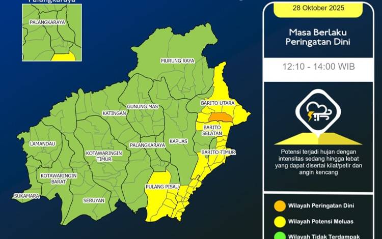 BMKG Keluarkan Peringatan Potensi Cuaca Ekstrem di Kalteng dalam Sepekan Kedepan