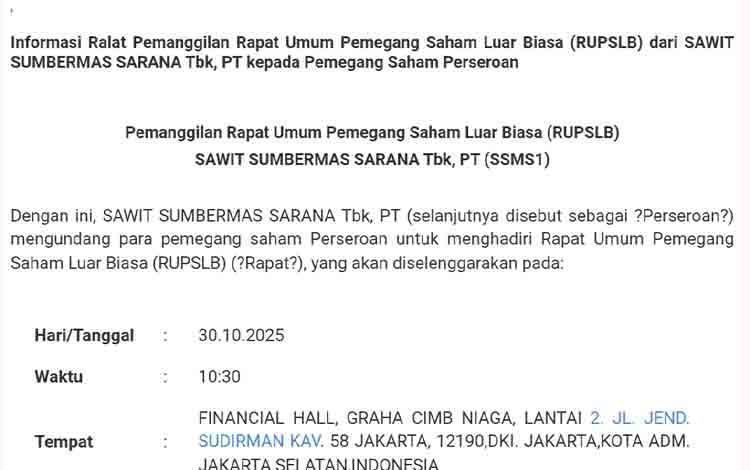 SSMS Gelar RUPSLB dan RUPS Independen, Bahas Jaminan Kredit dan Pengambilalihan Saham