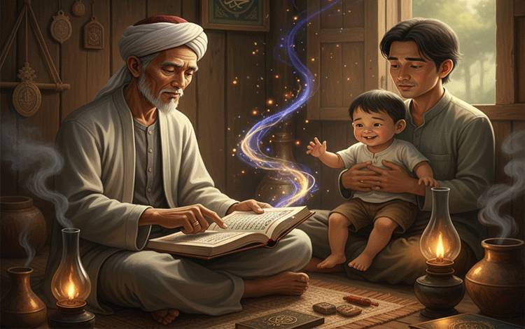 Ilustrasi seorang alim ulama ketika ketika melakukan 'babilangan nama'. (FOTO: AI/Yanur)