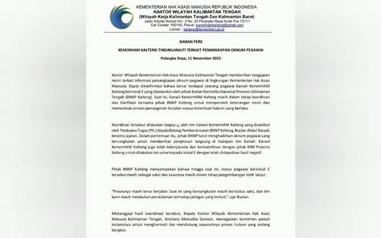 KemenHAM Kalteng Benarkan Pegawainya Diamankan BNNP Terkait Narkoba