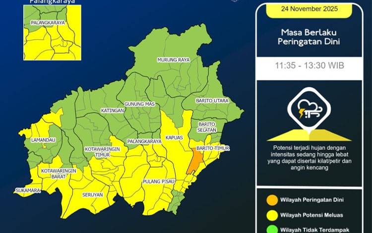 Waspada Cuaca Ekstrem, Kalteng Berpotensi Hujan Lebat dan Angin Kencang Sepekan ke Depan