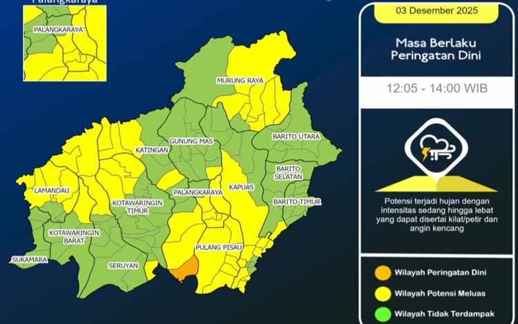 Seminggu kedepan Kalteng Waspada Potensi Hujan Lebat Disertai Petir dan Angin Kencang