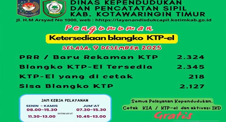 Blanko KTP El Kotim Hanya Tersisa Hingga Awal 2026
