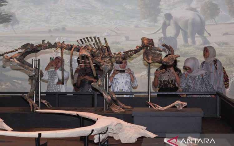 Pengunjung melihat fosil di ruang pameran Sejarah Awal di Museum Nasional Indonesia, Jakarta Pusat, Rabu (17/12/2025). (ANTARA FOTO/Reno Esnir/foc)